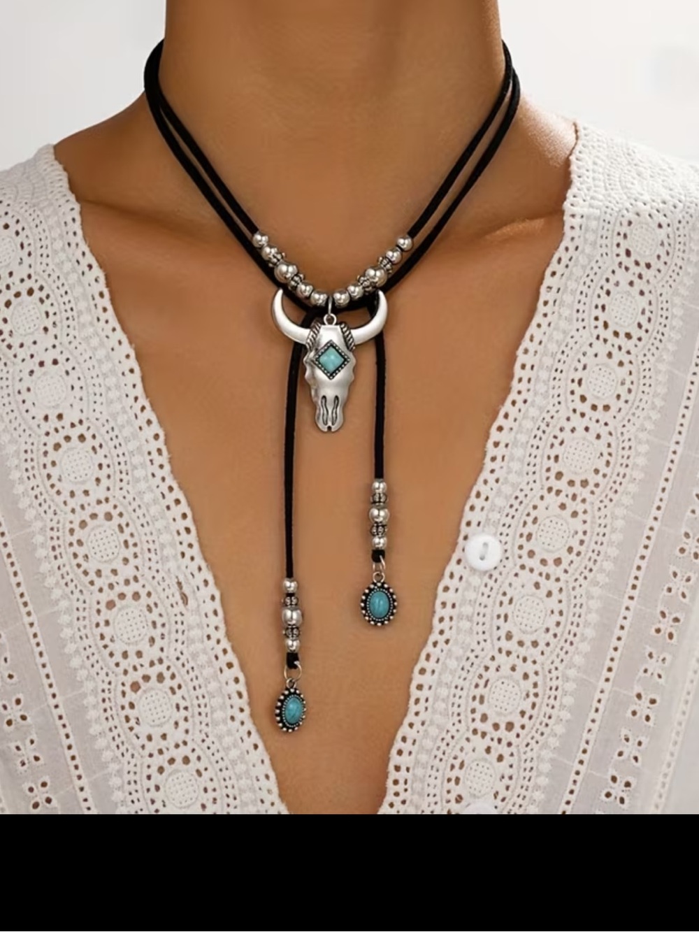 Boho Turquoise Bull Pendant Layered Choker Necklace - NEW!